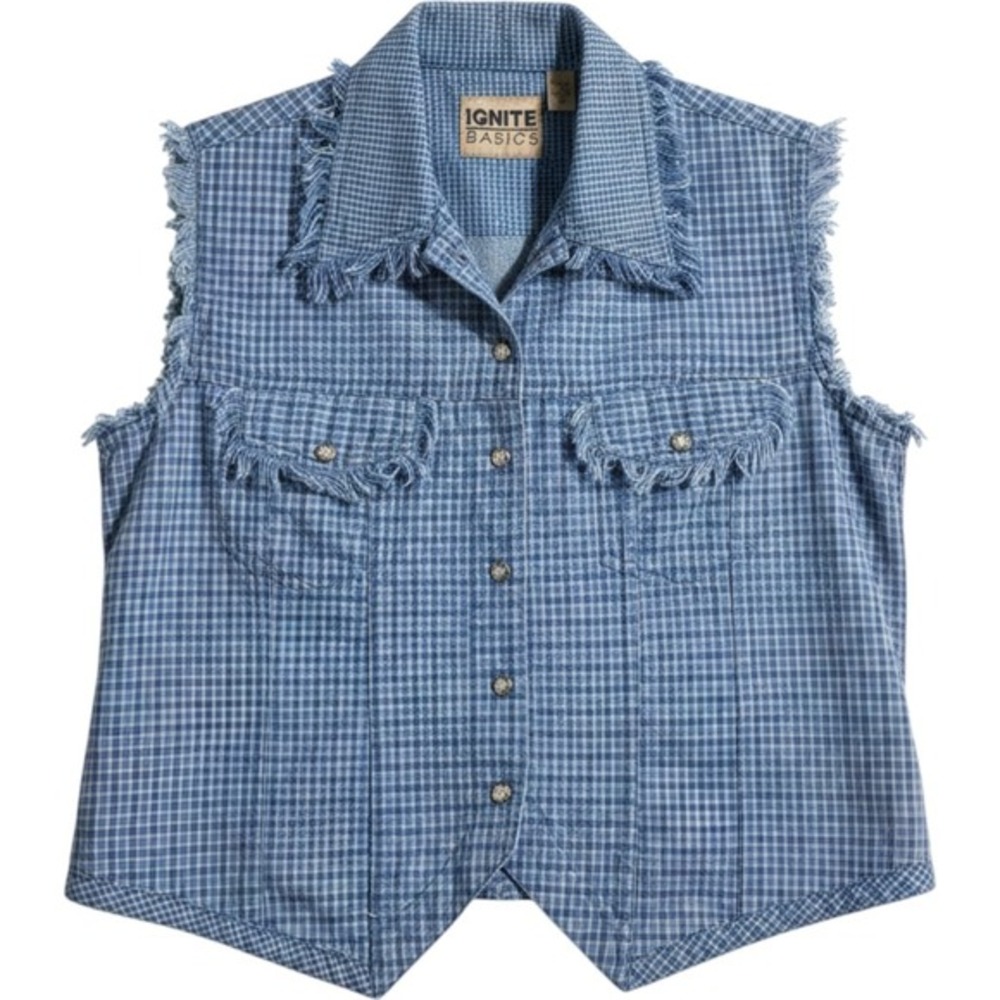 Ignite Basics Womens Blue Plaid Fringed Cotton Sleeveless Button Down Vest Top L